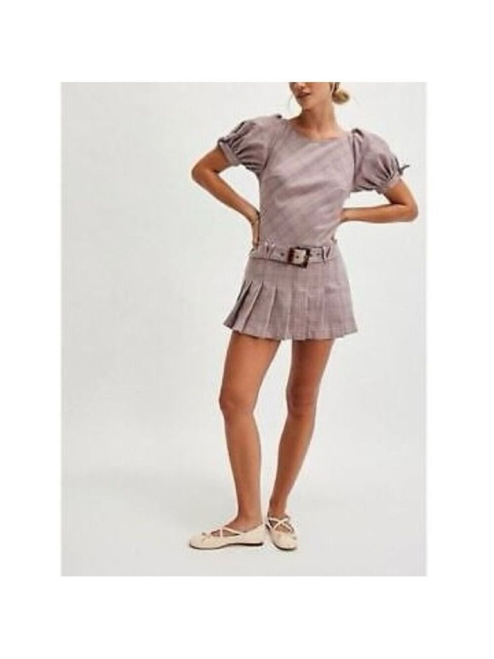FREE PEOPLE Sevi Plaid Puff Sleeve Mini Dress with Belt. NWOT Size S - Picture 2 of 7
